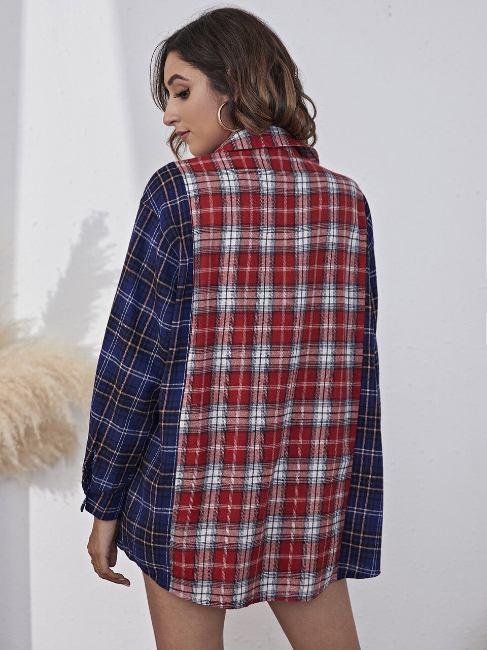 Tartan Colorblock Flap Pocket Drop Shoulder Blouse
