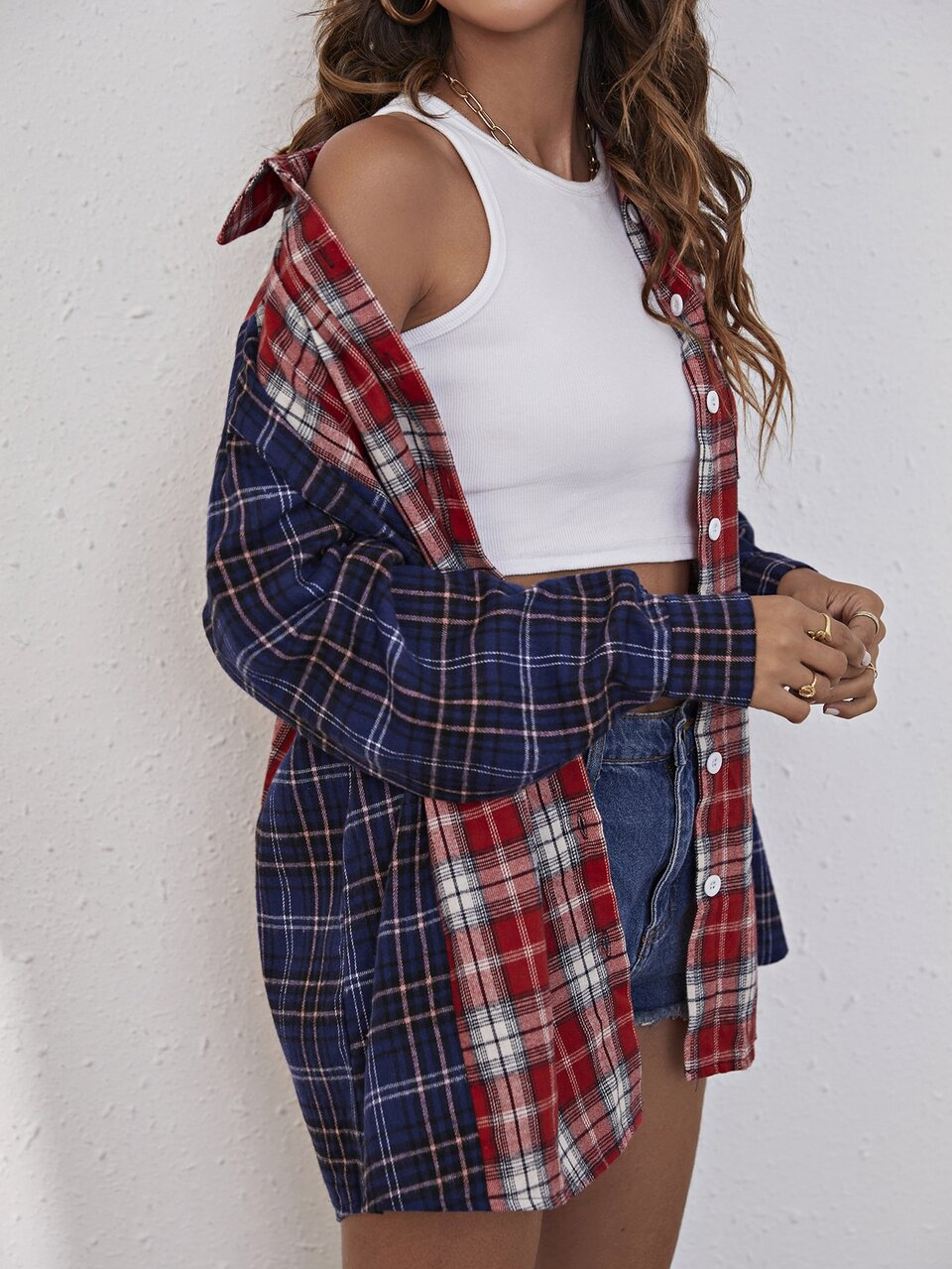 Tartan Colorblock Flap Pocket Drop Shoulder Blouse