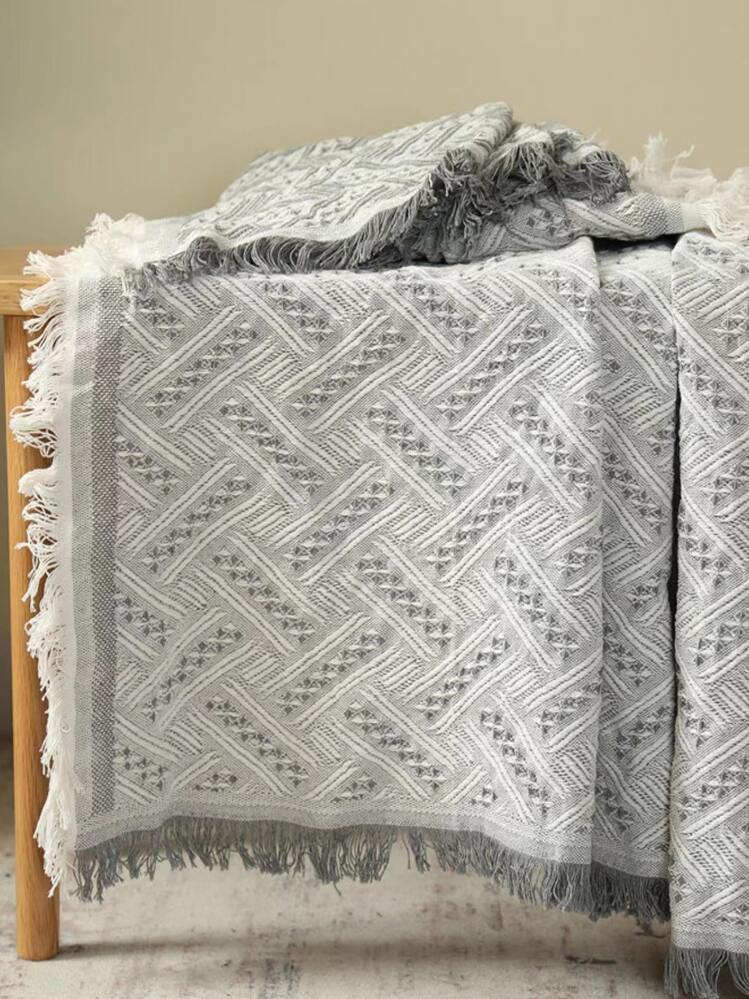 流蘇裝飾毯子 - 灰色 - 查看 1