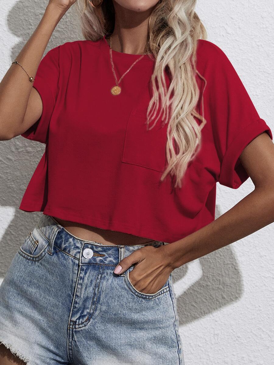 SHEIN Essnce Camiseta corta de manga murciélago con parche de bolsillo - Burdeos - Ver 1