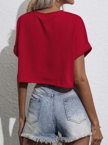 SHEIN Essnce Camiseta corta de manga murciélago con parche de bolsillo - Burdeos - Ver 2