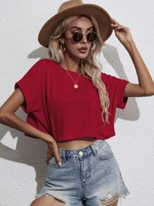 SHEIN Essnce Camiseta corta de manga murciélago con parche de bolsillo - Burdeos - Ver 3