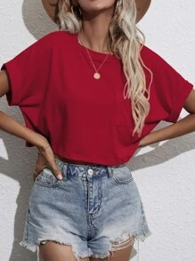 SHEIN Essnce Camiseta corta de manga murciélago con parche de bolsillo - Burdeos - Ver 6