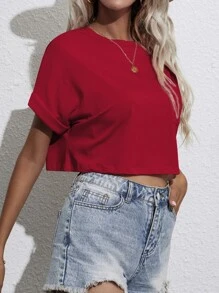 SHEIN Essnce Camiseta corta de manga murciélago con parche de bolsillo - Burdeos - Ver 5