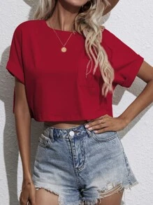 SHEIN Essnce Camiseta corta de manga murciélago con parche de bolsillo - Burdeos - Ver 4