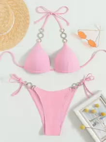 Swim Vcay Set de bikini cu inele cu strasuri, sutien Push Up și fund cu tanga, costum de baie 2 piese