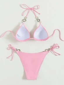 Swim Vcay Set de bikini cu inele cu strasuri, sutien Push Up și fund cu tanga, costum de baie 2 piese