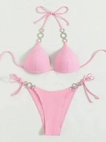 Swim Vcay Set de bikini cu inele cu strasuri, sutien Push Up și fund cu tanga, costum de baie 2 piese