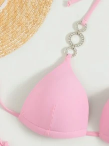 Swim Vcay Set de bikini cu inele cu strasuri, sutien Push Up și fund cu tanga, costum de baie 2 piese