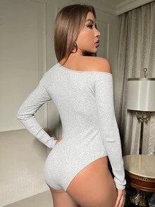 Ribbed Knit Asymmetrical Neck Bodysuit - Light Grey - View 2