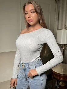 Ribbed Knit Asymmetrical Neck Bodysuit - Light Grey - View 5