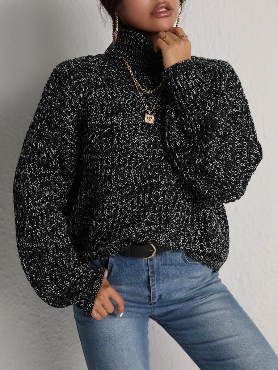 SHEIN Essnce Jersey de cuello cisne de hombros caídos jaspeado - Negro - Ver 1