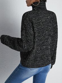 SHEIN Essnce Jersey de cuello cisne de hombros caídos jaspeado - Negro - Ver 2