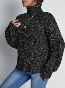 SHEIN Essnce Jersey de cuello cisne de hombros caídos jaspeado - Negro - Ver 3