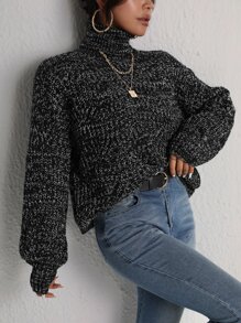 SHEIN Essnce Jersey de cuello cisne de hombros caídos jaspeado - Negro - Ver 4