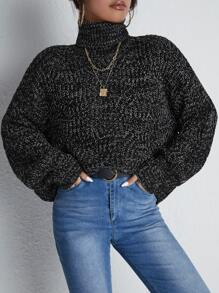 SHEIN Essnce Jersey de cuello cisne de hombros caídos jaspeado - Negro - Ver 5