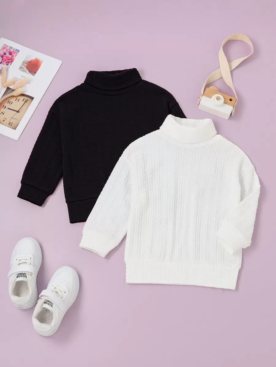 SHEIN Young Boy 2pcs Solid Turtleneck Sweatshirt - Black and White - View 1