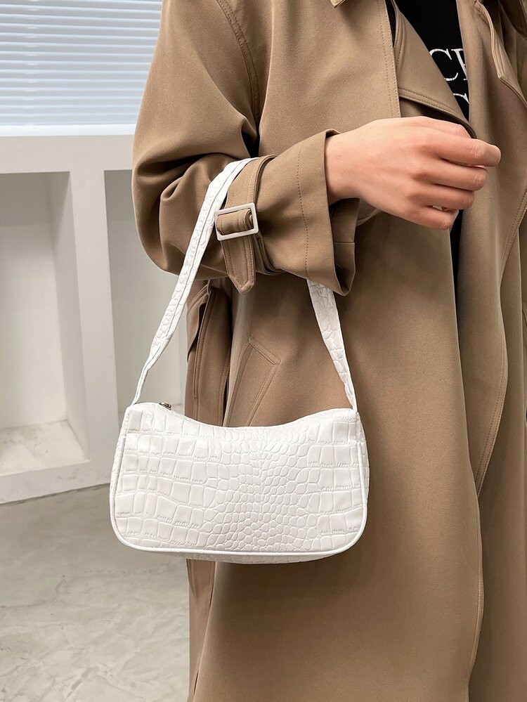 防水、輕盈、商務休閒全鱷魚壓紋法國包適合青少年女大學生、菜鳥和白領，非常適合辦公室、大學、工作、商務、通勤 - 白色 - 查看 5