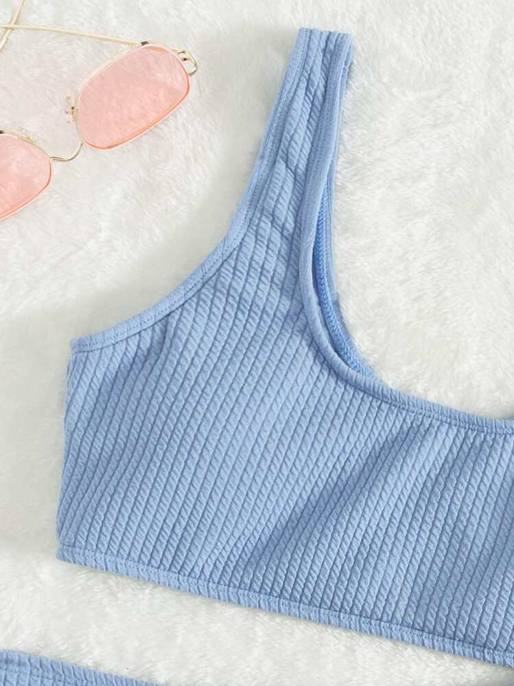 Swim Basics 夏季沙灘純色紋理比基尼 - 藍色 - 查看 3