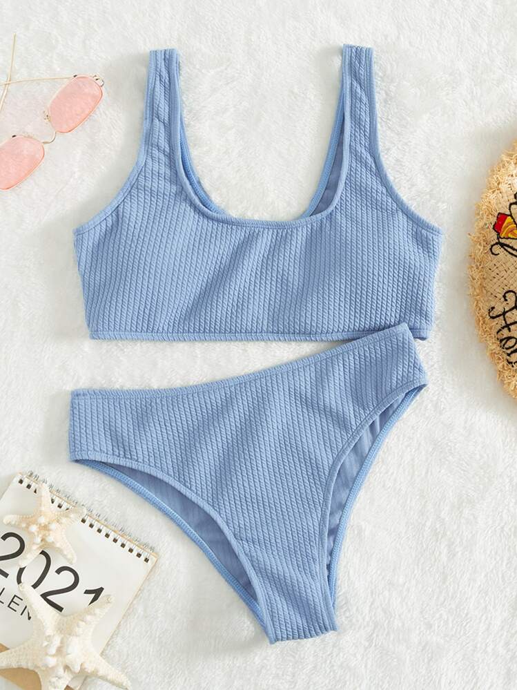 Swim Basics 夏季沙灘純色紋理比基尼 - 藍色 - 查看 6