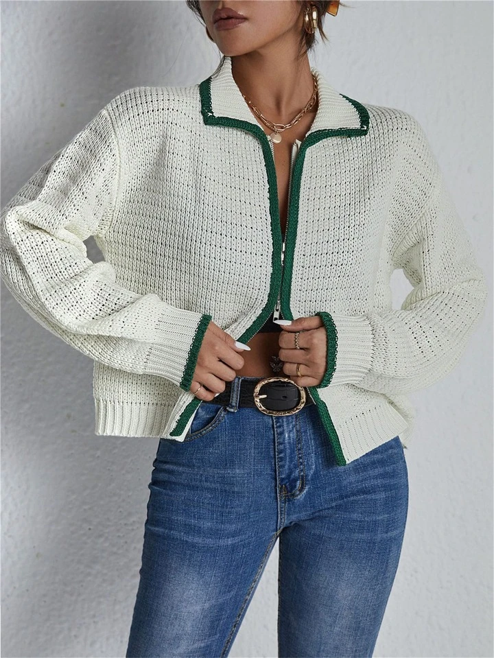Contrast Trim Drop Shoulder Zipper Cardigan | SHEIN USA