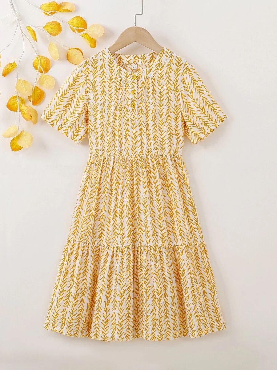 女孩植物印花荷葉邊連衣裙 - 黃色 - 查看 1
