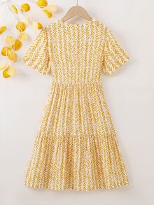 女孩植物印花荷葉邊連衣裙 - 黃色 - 查看 2