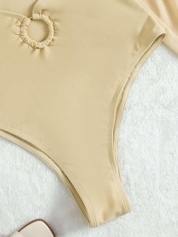 Cut-Out Ring Linked One-Piece Swimsuit, For Summer Beach Vacation - Apricot - View 7