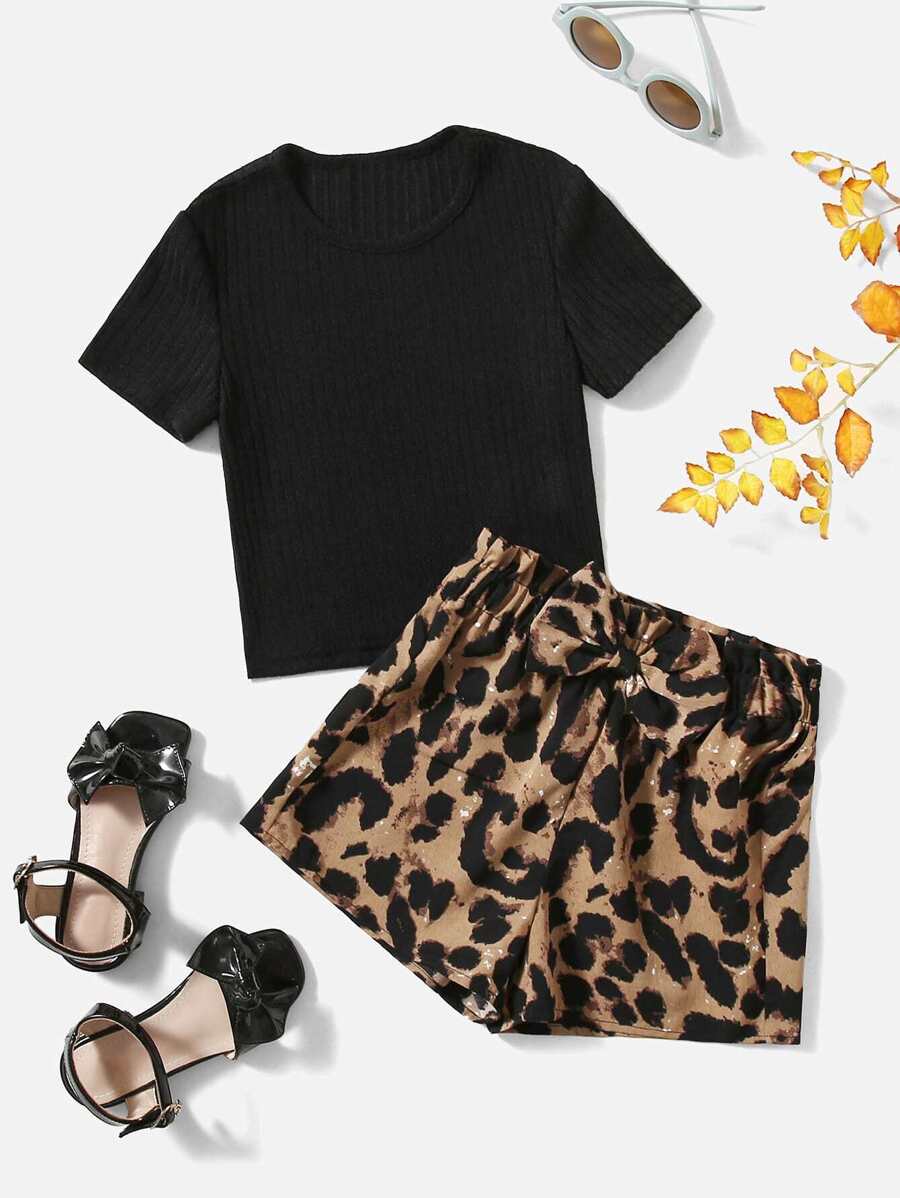 SHEIN Leap Crew Young Girl Ribbed Knit Tee & Leopard Print Shorts - Multicolor - View 1