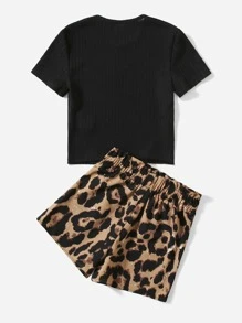 SHEIN Leap Crew Young Girl Ribbed Knit Tee & Leopard Print Shorts - Multicolor - View 2