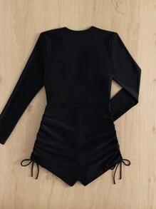 SHEIN Swim Solid Tie Side One Piece Swimsuit,Summer Beach - Black - View 2