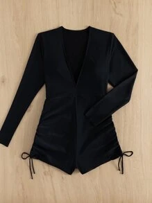 SHEIN Swim Solid Tie Side One Piece Swimsuit,Summer Beach - Black - View 4