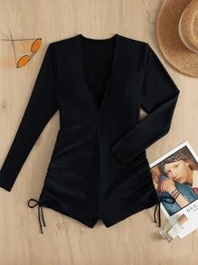 SHEIN Swim Solid Tie Side One Piece Swimsuit,Summer Beach - Black - View 6