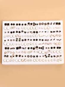 36 Pairs Random Mixed Bow-Tie & Flower Heart Plastic Stud Earrings Set, Gift Friendly - Black and White - View 3