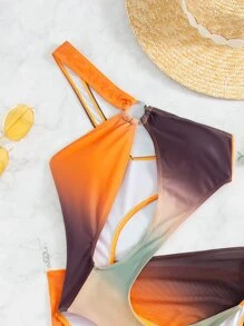 Swim SXY Summer Beach 2 Packs Ombre Ring Linked One Shoulder One Piece Swimsuit With Beach Skirt - Multicolor - View 4