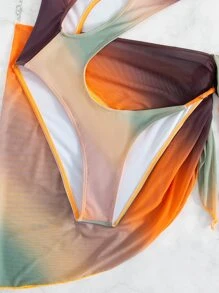 Swim SXY Summer Beach 2 Packs Ombre Ring Linked One Shoulder One Piece Swimsuit With Beach Skirt - Multicolor - View 3