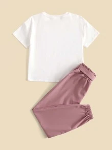 SHEIN 女孩卡通圖案T恤和紙袋型腰腰帶長褲 - 彩色 - 查看 2