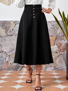 EMERY ROSE Váy nữ Nút phía trước màu trơn Thanh lịch - màu đen - Xem 1