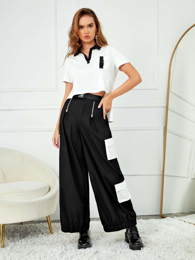 Karen Applegate Contrast Collar Buckle Pocket Slit Hem Tee - White - View 4