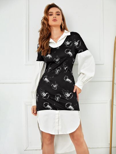 Karen Applegate Vestido 2 en 1 con estampado de medusa de manga obispo irregular bajo curvo