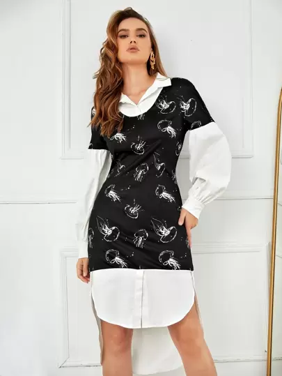 Karen Applegate Vestido 2 en 1 con estampado de medusa de manga obispo irregular bajo curvo