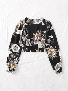 SHEIN VCAY 日月圖案打褶交叉領燈籠袖襯衫 - 彩色 - 查看 2