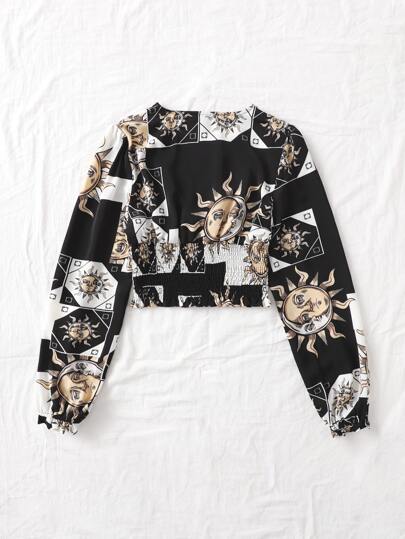 太陽＆月プリント シール オーバーラップカラー ビショップスリーブ ブラウス