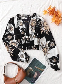 SHEIN VCAY 日月圖案打褶交叉領燈籠袖襯衫 - 彩色 - 查看 1