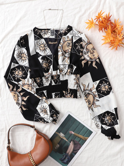 太陽＆月プリント シール オーバーラップカラー ビショップスリーブ ブラウス