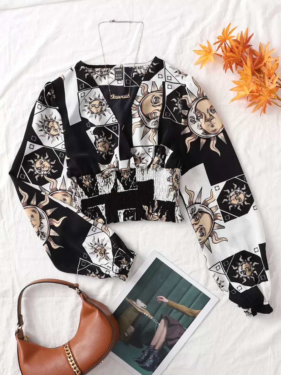 SHEIN VCAY 日月圖案打褶交叉領燈籠袖襯衫 - 彩色 - 查看 1