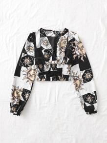 SHEIN VCAY 日月圖案打褶交叉領燈籠袖襯衫 - 彩色 - 查看 4