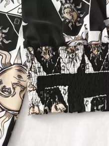 SHEIN VCAY 日月圖案打褶交叉領燈籠袖襯衫 - 彩色 - 查看 5