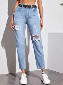 Jeans mom rotos de cintura alta sin cinturón - Azul - Ver 5