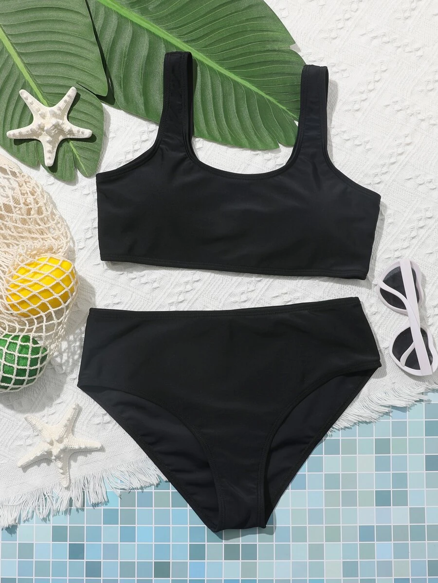 Teen Girls Solid Bikini Set Summer Beach - Black - View 1
